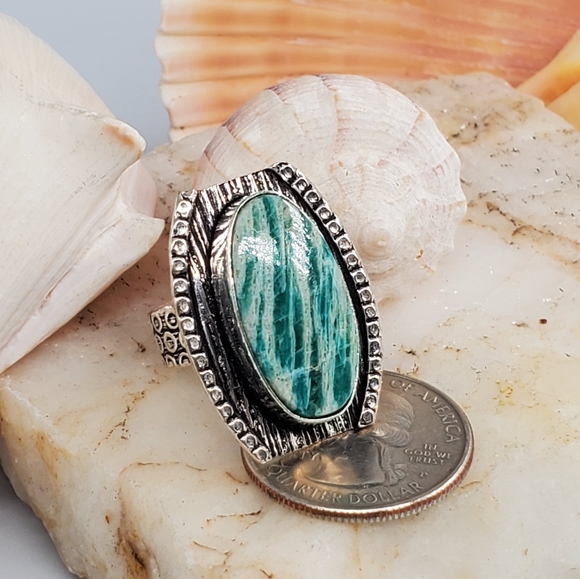 Genuine Amazonite Stone 925  Silver Ring - Picture 2 of 6